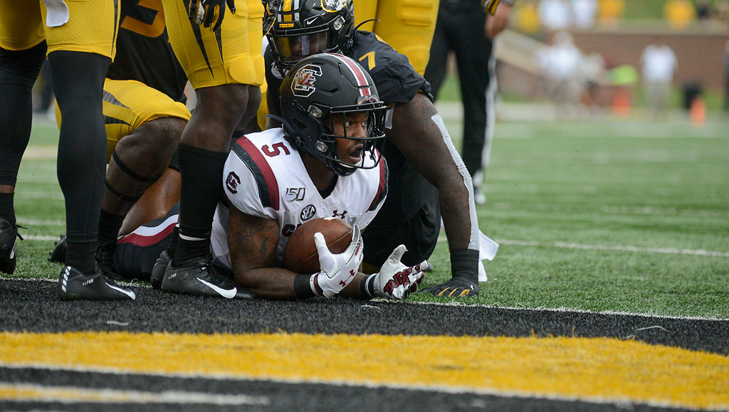 South Carolina RB Rico Dowdle lays in the end zone